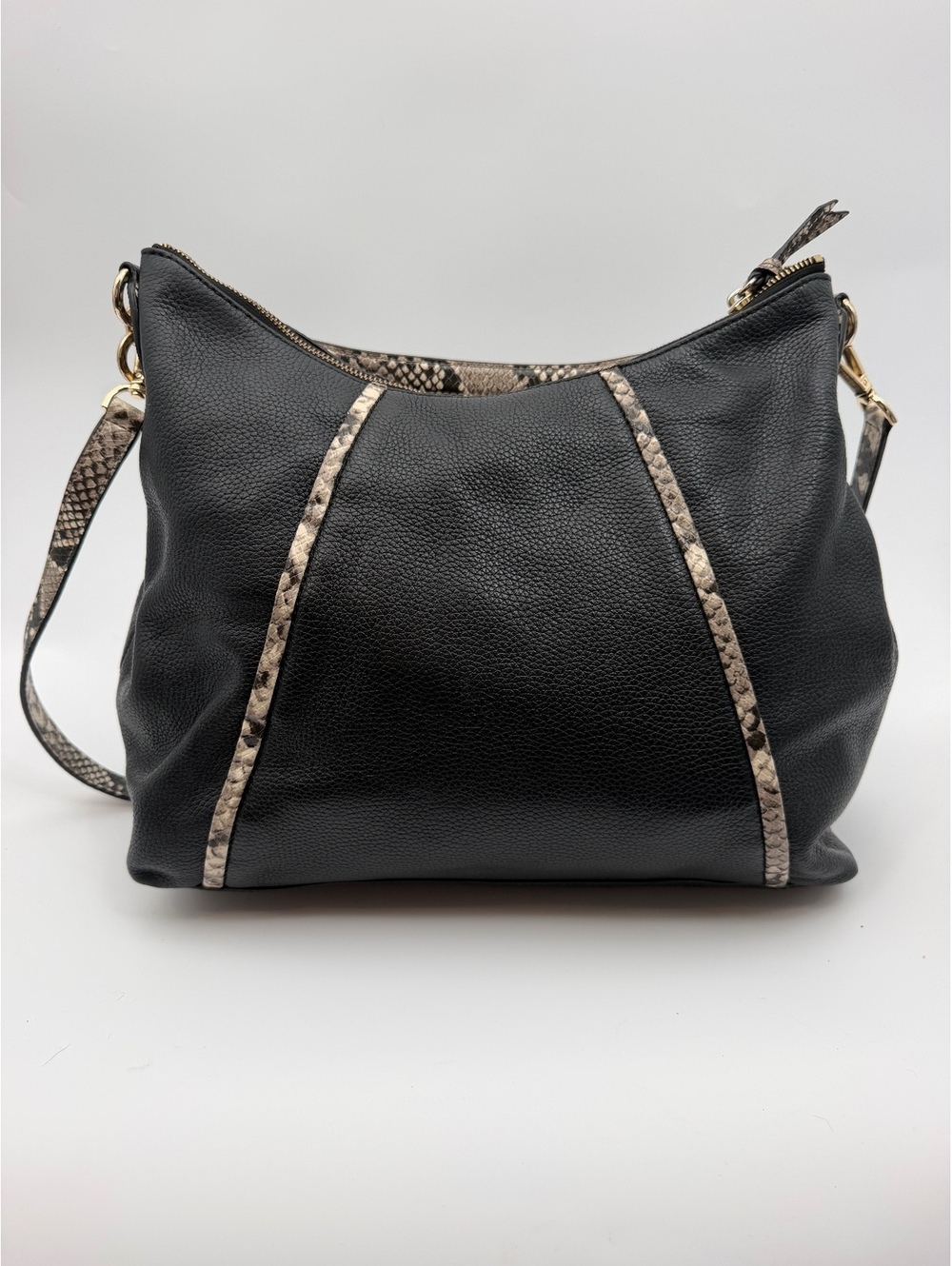 Michael Kors Black Pebbled Leather Shoulder Bag with Snakeskin Trim